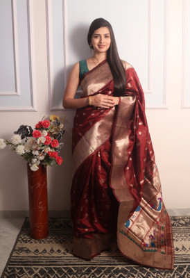 sarjan creation Woven Paithani Jacquard Saree(Maroon)