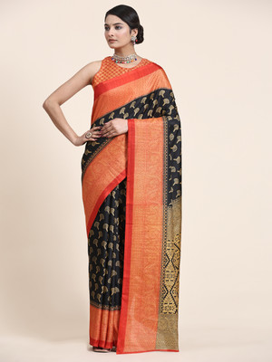 rujave Digital Print Assam Silk Chiffon Saree(Black)