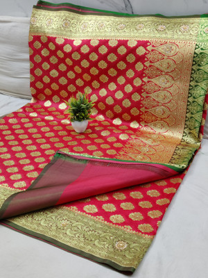 shree ambaji saree Woven Banarasi Handloom Silk Blend Saree(Pink)