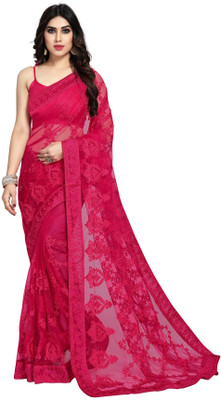 JIVI CLOTHING Solid/Plain, Embroidered Bollywood Net Saree(Pink)