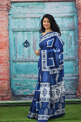 DASTKARPRINT Printed, Color Block, Blocked Printed, Floral Print, Dyed Daily Wear Pure Cotton Saree(Blue)