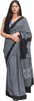 Tropwear Printed Ikkat Pure Cotton Saree(Grey)