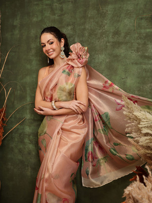 Divastri Digital Print Kalamkari Tissue Saree(Orange)