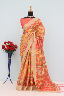Laxmi Fashion Printed, Floral Print Assam Silk Jacquard, Cotton Silk Saree(Brown, Pink, Multicolor)
