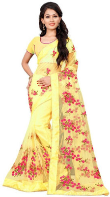 QUEDDY'S Embroidered Bollywood Net Saree(Yellow)