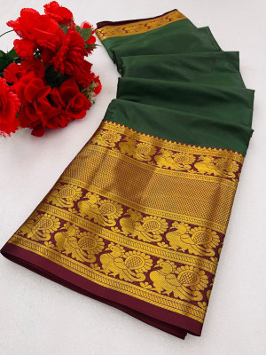 Gold Art Fashion Embroidered Banarasi Cotton Silk, Jacquard Saree(Green)