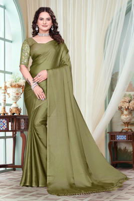 BADE SUHANE Solid/Plain Bollywood Chiffon Saree(Green)
