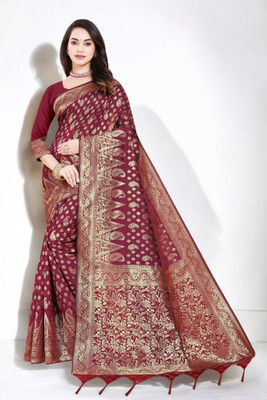 Pikham Self Design Banarasi Art Silk Saree(Maroon)