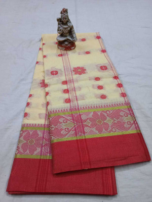 p fashion Solid/Plain Tant Pure Cotton Saree(Cream)