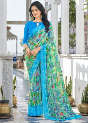 SainiVastra Graphic Print Bollywood Chiffon Saree(Green)