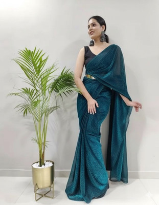 Vragi Solid/Plain Bollywood Lycra Blend Saree(Green)