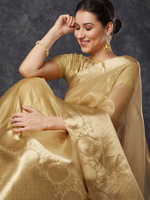 AWESOME Woven, Embellished Kanjivaram Tissue, Silk Blend Saree(Beige)