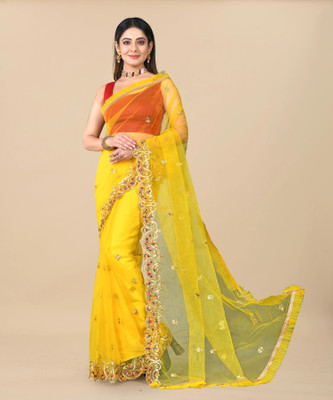 YASHVI Embroidered Bollywood Net Saree(Yellow)