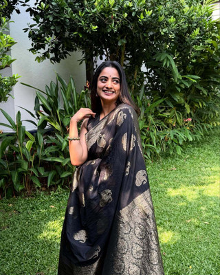AAYNA FASHION Embellished, Printed, Solid/Plain Banarasi Pure Silk Saree(Black)