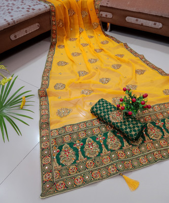MADHUR HAND WORK ART Embroidered, Embellished Bollywood Silk Blend Saree(Yellow)