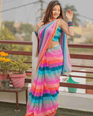 STANCH Self Design, Digital Print, Ombre, Striped, Embroidered Leheria Georgette Saree(Multicolor)