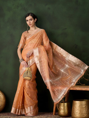 Sangria Woven Saree with Attached Blouse Organza Saree(Pink)
