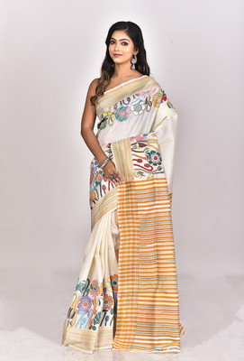 Ramshyam Collection Woven Kantha Pure Silk Saree(Cream)
