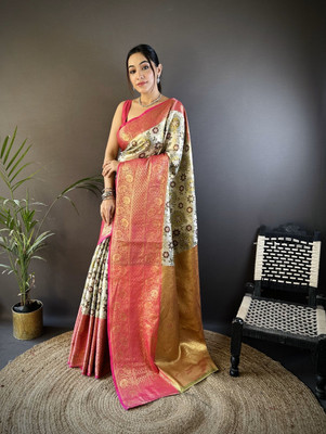 MY LOFY Woven Kanjivaram Tissue, Silk Blend Saree(White)