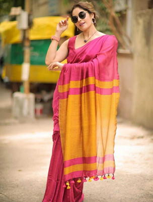 FASHIONIUM Solid/Plain Handloom Cotton Blend Saree(Pink)