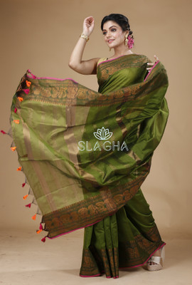 SLAGHA Woven, Embellished, Self Design Assam Silk Handloom Cotton Silk Saree(Light Green)
