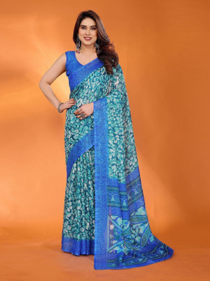 RAJESHWAR FASHION Floral Print Daily Wear Cotton Blend, Supernet Saree(Blue)