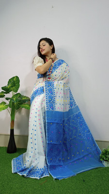 M STORE Self Design Jamdani Cotton Silk Saree(White)