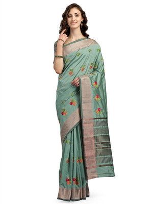 KAVINDI Self Design, Embroidered Banarasi Cotton Silk Saree(Light Blue)