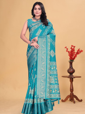 HouseOfCommon Woven Bandhani Art Silk Saree(Light Blue)
