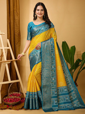 Anouk Rustic Printed Patola Silk Blend Saree(Yellow)