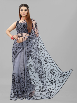Yashakti Designer Embroidered Bollywood Net Saree(Grey)