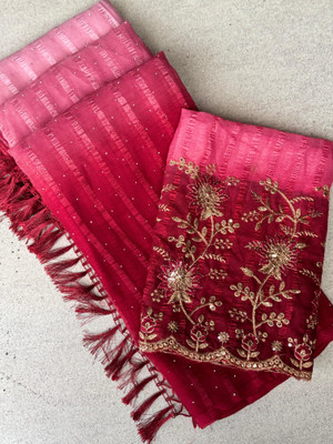 CHIVYA CREATION Embroidered, Embellished, Striped, Printed, Floral Print Daily Wear Chiffon Saree(Red)