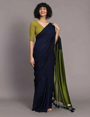 JHILUU Solid/Plain Handloom Cotton Blend Saree(Dark Blue)