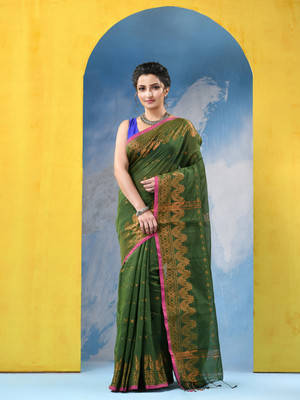 Desh Bidesh Self Design Tant Handloom Cotton Silk Saree(Green)
