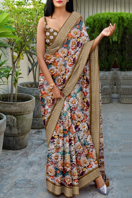 JERAVI Enterprise Digital Print Mysore Cotton Silk Saree(Cream, Brown)