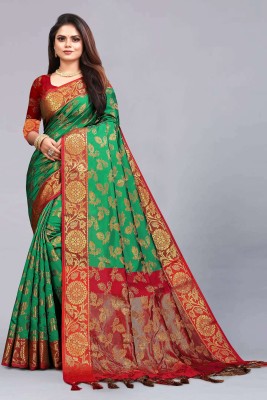 AFF Fashion Floral Print Banarasi Cotton Silk, Jacquard Saree(Green)