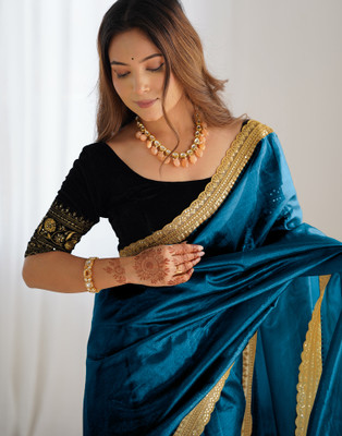 Samah Embellished, Embroidered Bollywood Jimmy choo, Net Saree(Blue)
