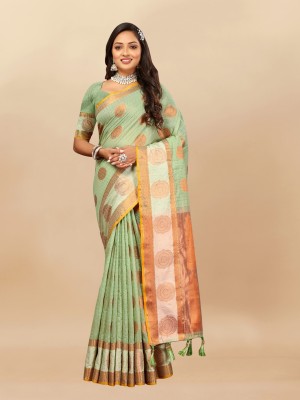 VISVASTA Self Design, Woven, Printed, Temple Border, Striped Paithani Jacquard, Cotton Silk Saree(Light Green)