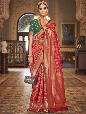 Sareemall Woven Banarasi Silk Blend Saree(Red)