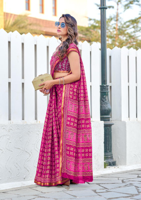 Divastri Blocked Printed, Printed Chanderi Cotton Blend Saree(Pink)