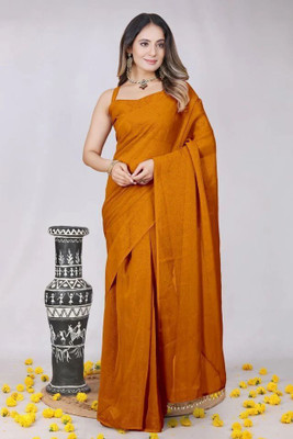 Elder Solid/Plain Pre Draped Saree Polyester Saree(Yellow)