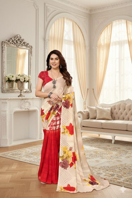 SmittenSmit Printed Bollywood Georgette Saree(Red, Cream)