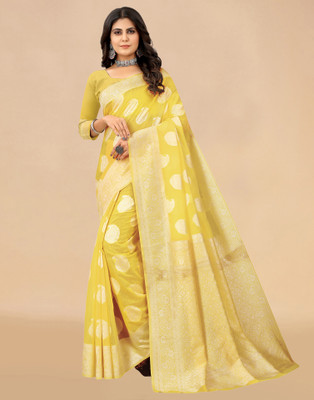 Samah Woven, Embellished, Self Design Banarasi Cotton Blend Saree(Yellow, Silver)