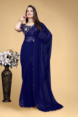 saanvi Solid/Plain, Self Design Bollywood Georgette Saree(Dark Blue)
