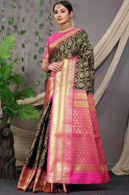 SGF11 Self Design Handloom Art Silk Saree(Black)