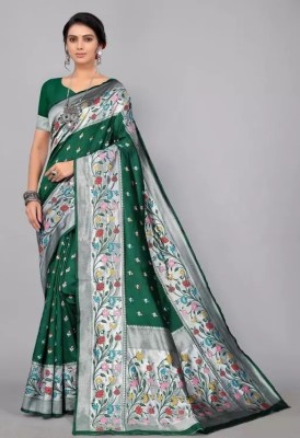 NS WORLD Woven, Floral Print Paithani Pure Silk, Silk Blend Saree(Dark Green, Silver)