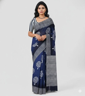 kewra Floral Print Daily Wear Cotton Blend Saree(Blue)