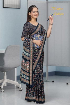 SAADHYA CREATION Embroidered, Solid/Plain Bollywood Crepe Saree(Dark Blue)