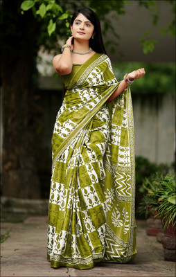 shiv textiles Printed Handloom Pure Cotton Saree(Light Green)