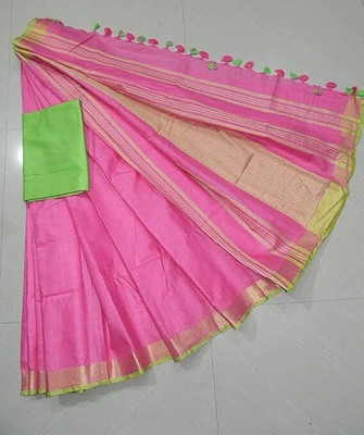 WEAVE TRENDS Solid/Plain Handloom Cotton Linen Saree(Pink)